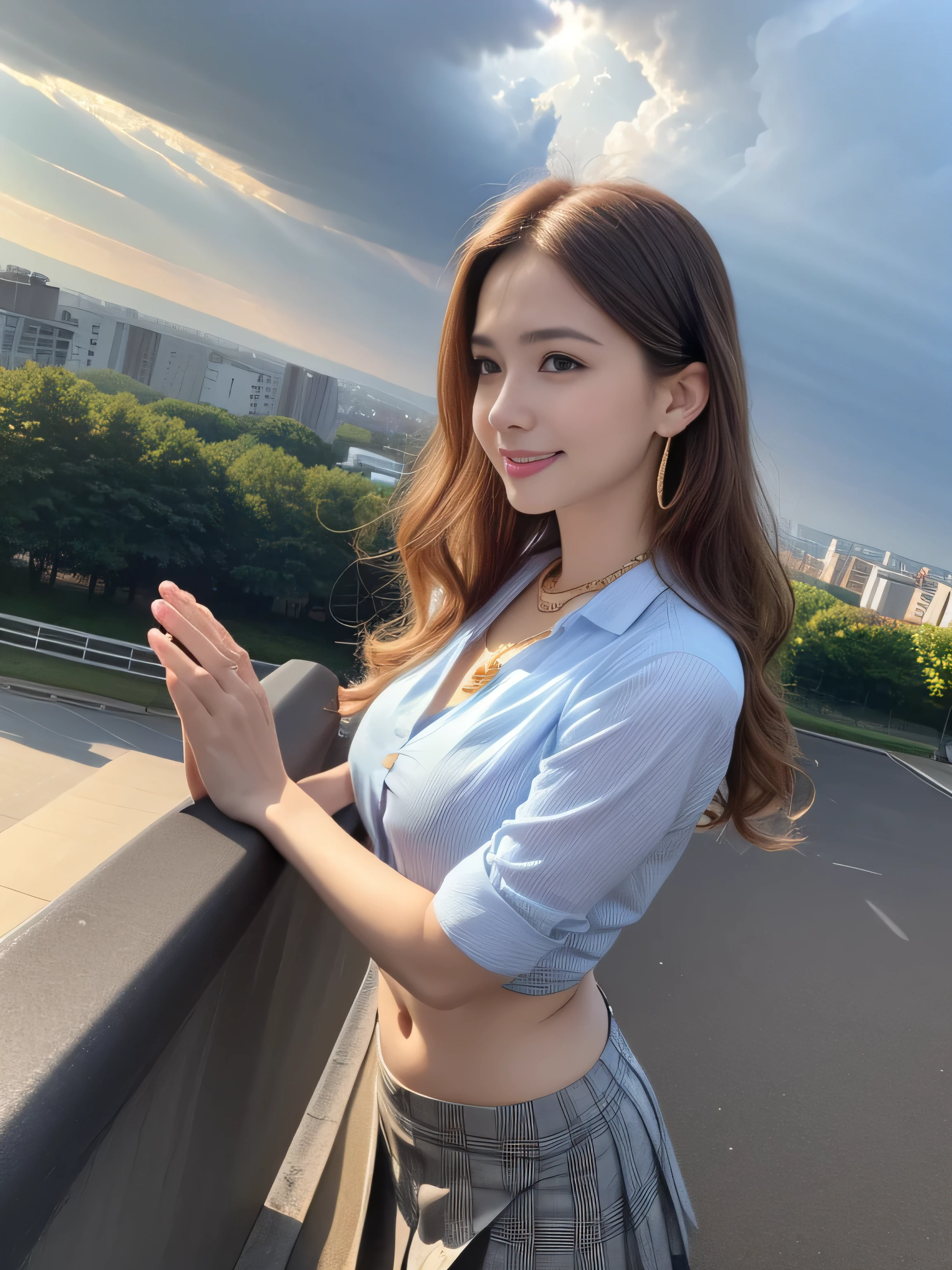 eat face and eyes, Compensate, (Very detailed美しい顔), (Sexiest Looks), (Beautiful big breasts:1.1), (highest quality:1.4), (Very detailed), (very detailed CG synthesis 8k wallpaper), Very detailed, RAW Photos, Professional photography, ((suit)), (Tight Skirt), (open front business shirt), Outdoor, (Business district, City of night, illumination), (Near the sky), Written boundary depth,((Loosely inward wavy hair:1.2)),((Gold Necklace_Large earrings:1.2)),((Extra long brown hair:1.2))((A shy smile:1.3))((light rays,Tyndall effect,outdoor,cloud:1.4)), ((wearing Floral blouse :1.3))、((wearing Pleated mini skirt with many checked folds:1.3)),((Place your left hand gently on your chin:1.3))((arms up:1.3)),((From an oblique angle above:1.5)),