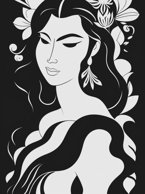 in style of Alexander Archipenko, character, ink art, side view, modern minimalist art, Close-up of a woman with lotus tattoo on her neck,This woman has a delicate and charming face, long black hair, Clear lotus tattoo on neck, Flowing hair vignette, fair face, foxy, slender, beautiful eyes, elegant digital art, Beautiful digital illustrations, beautiful figure painting