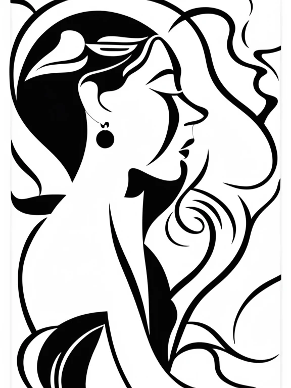 in style of Alexander Archipenko, character, ink art, side view, modern minimalist art, Close-up of a woman with lotus tattoo on her neck,This woman has a delicate and charming face, long black hair, Clear lotus tattoo on neck, Flowing hair vignette, fair face, foxy, slender, beautiful eyes, elegant digital art, Beautiful digital illustrations, beautiful figure painting