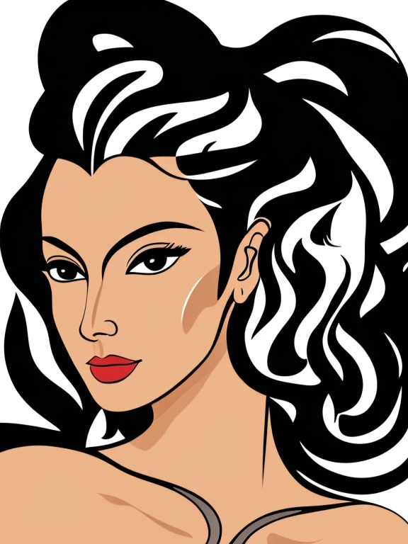 in style of Alexander Archipenko, character, ink art, side view, modern minimalist art, Close-up of a woman with lotus tattoo on her neck,This woman has a delicate and charming face, long black hair, Clear lotus tattoo on neck, Flowing hair vignette, fair face, foxy, slender, beautiful eyes, elegant digital art, Beautiful digital illustrations, beautiful figure painting