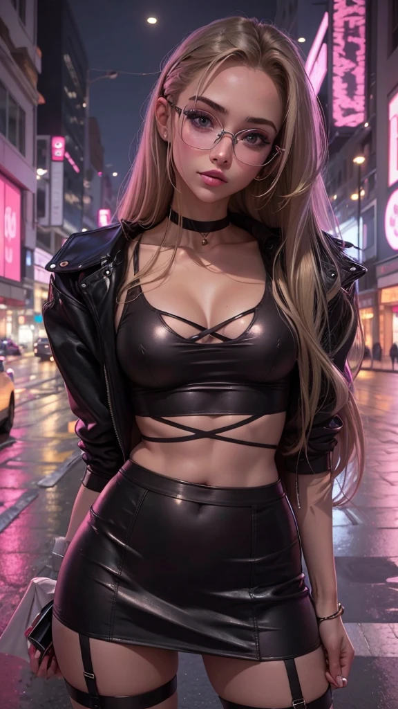 Beautiful girl, slim fit body, long dark blonde hair , crop top tight mini skirt , pink lips , blushed cheeks, glasses