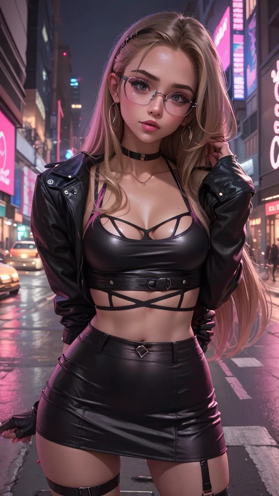 Beautiful girl, slim fit body, long dark blonde hair , crop top tight mini skirt , pink lips , blushed cheeks, glasses