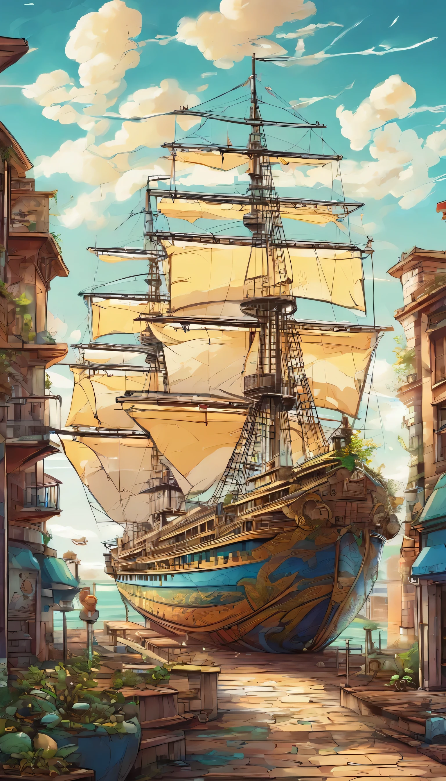 The ship has a tree instead of a sail, and there is a lot of grass growing on the deck, sunny day, Granular clouds, make it in ultra realistic style, cinematic, professional hyper detailed shot