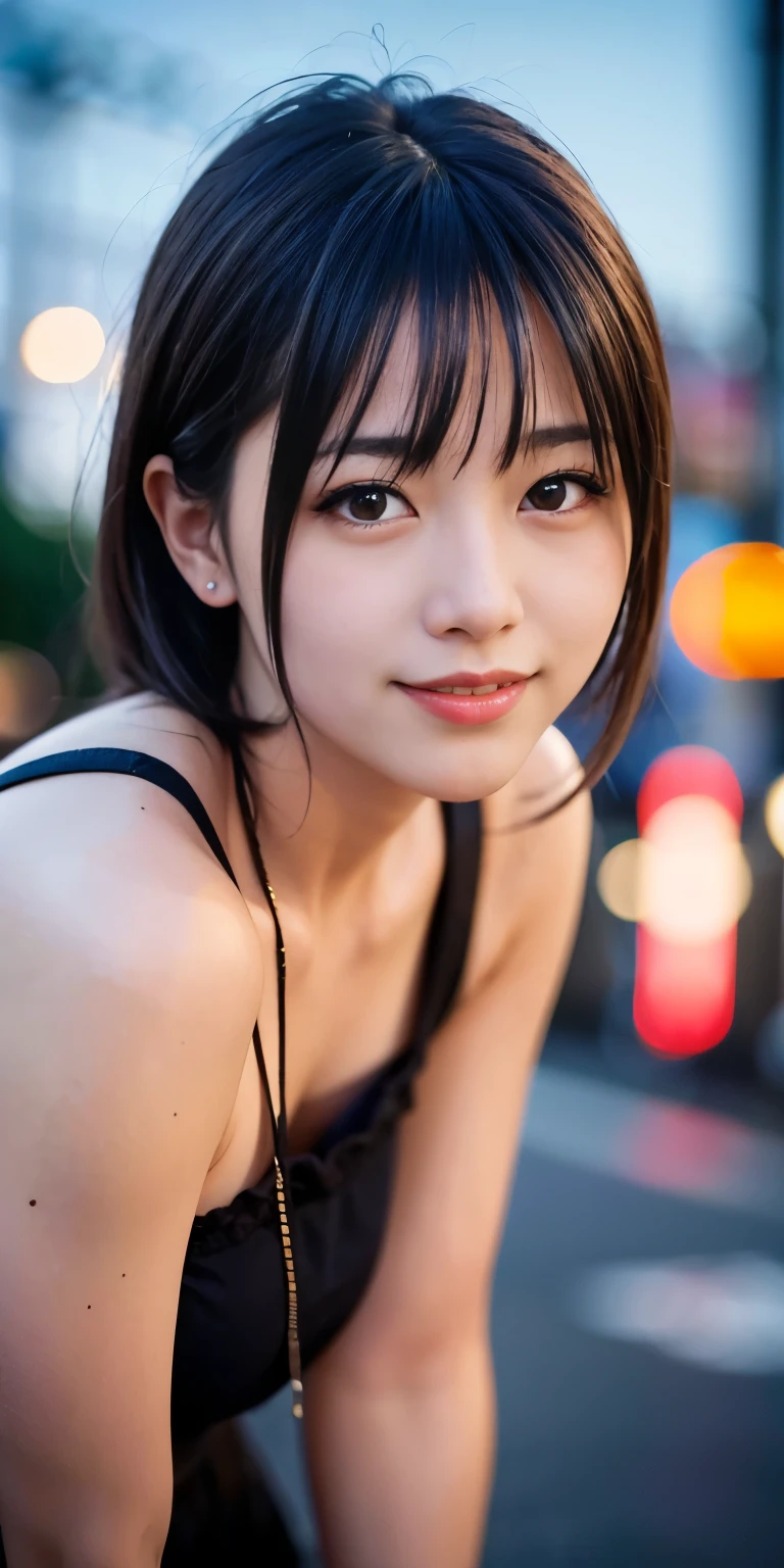 1 Girl, Tokyo Street,night, Streetscape,City lights,Upper Body,close,smile,, (8K, Raw photo, highest quality, masterpiece:1.2),(Realistic, photo-Realistic:1.37),
