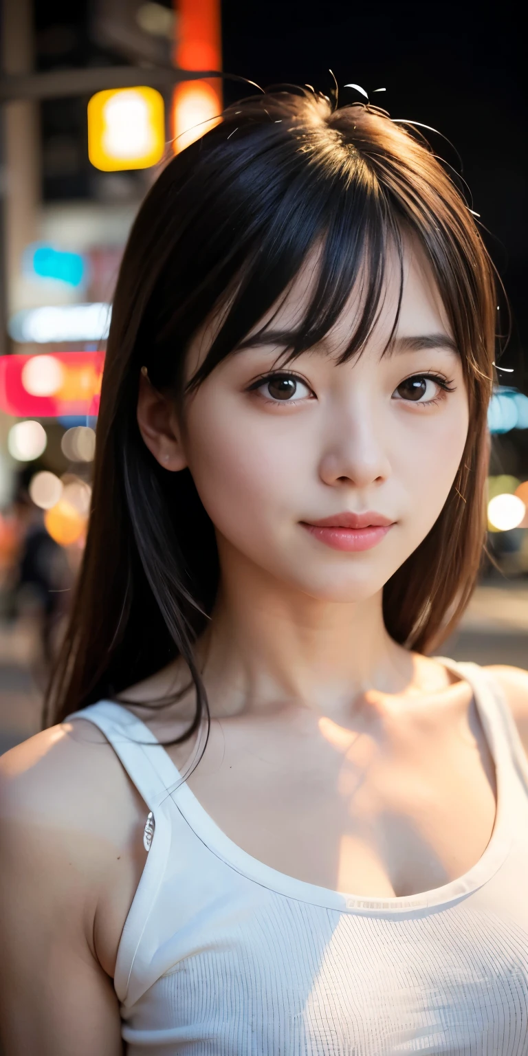 1 Girl, Tokyo Street,night, Streetscape,City lights,Upper Body,close,smile,, (8K, Raw photo, highest quality, masterpiece:1.2),(Realistic, photo-Realistic:1.37),