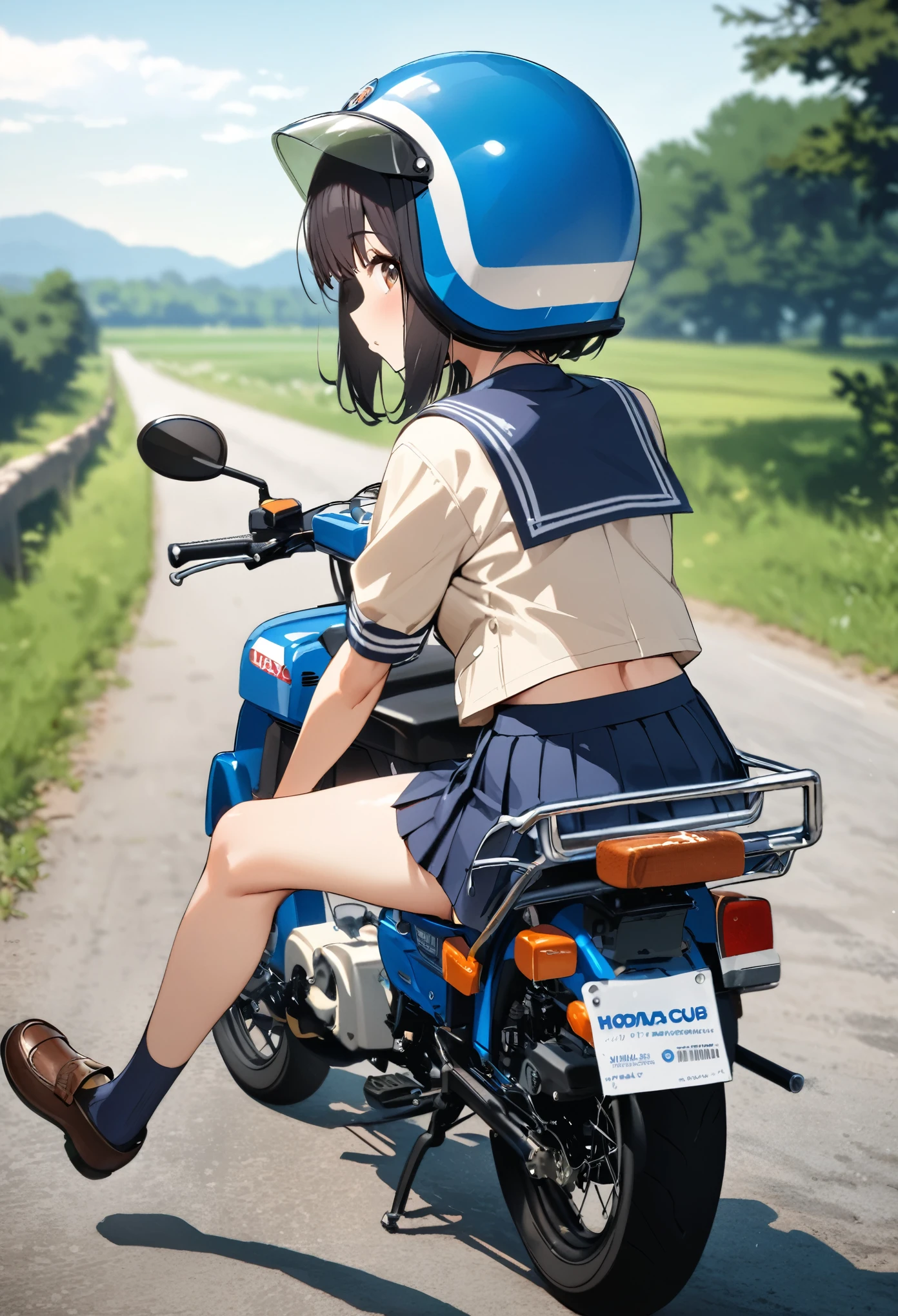 ((masterpiece,highest quality, High resolution)), 1 girl, alone,Delivery Bikeにまたがっている,high school girl,Super Cub,Delivery Bike,Honda,From the back,Looking back,Sailor suit,Pleated skirt,Jet helmet,Keeping my feet on the ground,Country Road,Black Hair,Brown eyes,Young Face,Navy blue socks,Brown Loafers