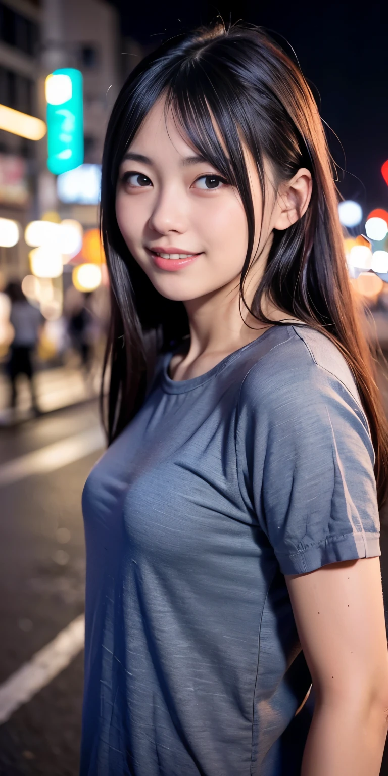 1 Girl, Tokyo Street,night, Streetscape,City lights,Upper Body,close,smile,, (8K, Raw photo, highest quality, masterpiece:1.2),(Realistic, photo-Realistic:1.37),