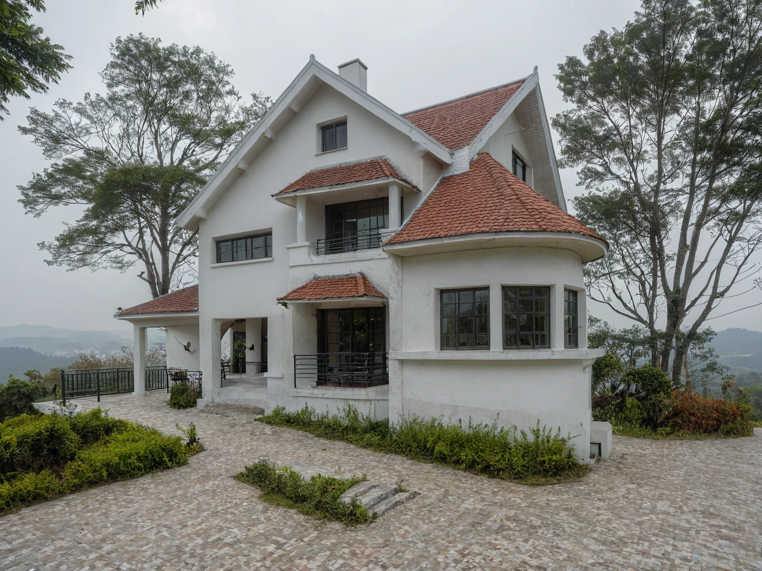 a beautiful outdoor white house on the top of Da Lat hill, in the style of american romanticism, american modernism, new modern english style, clean-lined, modern tile roof, contemporary gothic, late autumn atmosphere, trees without leaves,fog, sunlight