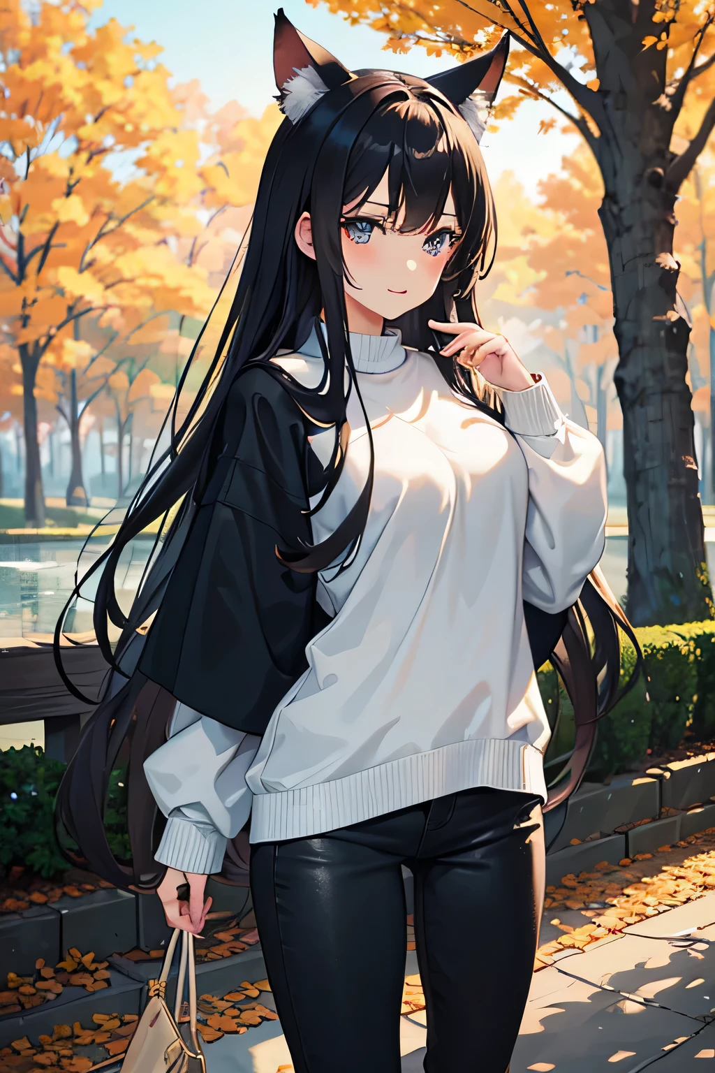 (best quality,4k,highres,masterpiece:1.2),ultra-detailed,realistic,anime girl with animal ears,white sweater under black jacket,black hair,long-flowing hair,looking into the viewer,bright and expressive eyes,delicate facial features,Cute and innocent smile,well-defined lips,H cup,properly covered by clothes,pink blush on the cheeks,soft and flawless skin tone,airy and comfortable clothes,fitted black jeans,black leather boots,trendy accessories,confident posture,standing in a serene and beautiful natural setting,fluttering autumn leaves in the background,soft sunlight filtering through the trees,subtle lens flare,peaceful and dreamlike atmosphere,rich and vibrant colors,harmonious color palette,pastel tones,anime style with intricate details,captivating and lively personality,subtle hint of mischief in her expression,perfect balance of cute and alluring,charming and charismatic presence,scenario set in a fantasy world,with hints of magic and wonder,highly detailed background elements to immerse the viewer,impeccable attention to lighting and shading,creating depth and dimension,meticulously drawn textures and patterns,exquisite craftsmanship,creating a sense of awe and admiration,showcasing the beauty and allure of the anime girl with animal ears in an enchanting and captivating way.