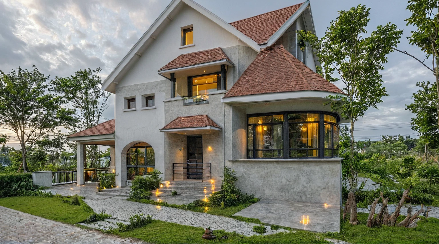 Masterpiece, high quality, best quality, authentic, super detail, outdoors, onestoreyvillaXL, aiaigroup, house style modern on the street ,stairs, white wall ,road,pavement, grass, trees, sky, cloud, (daylight:1.1)
