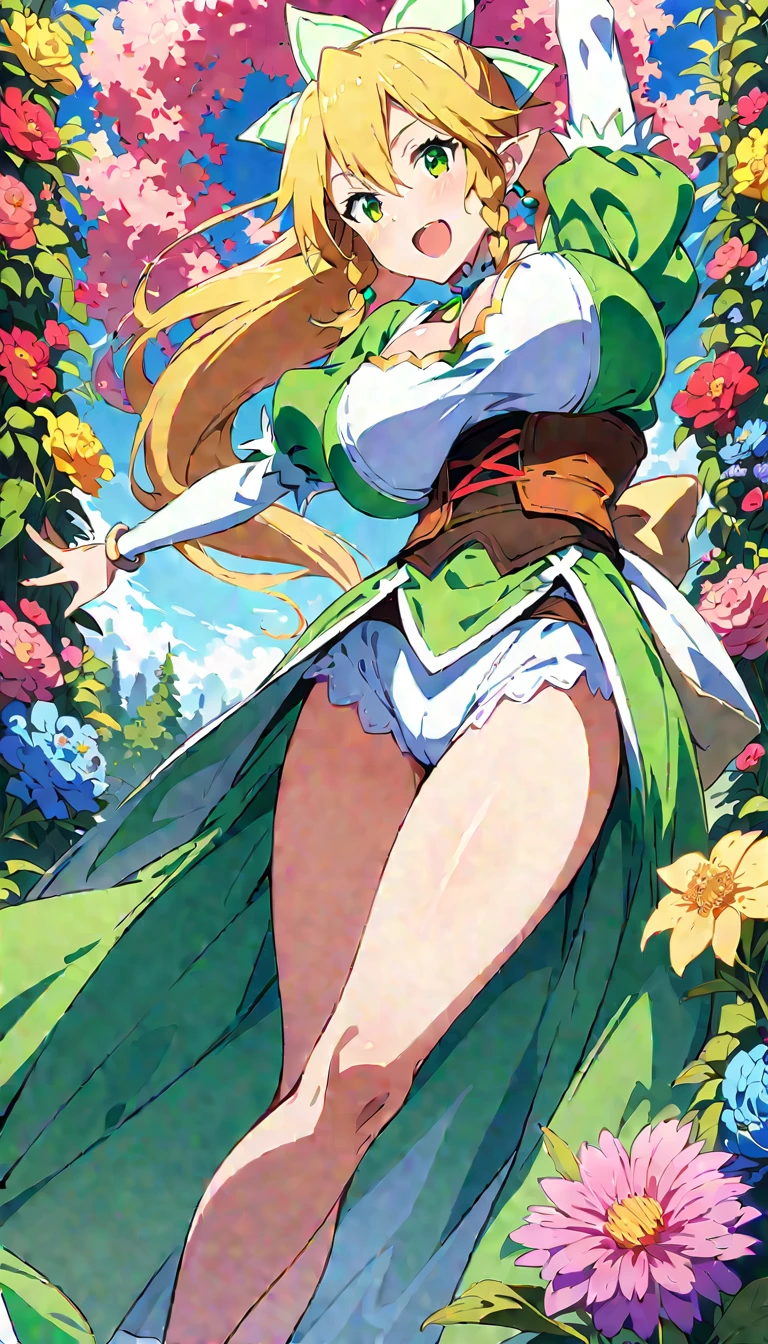 (Standing Split , (( leafa, )), fantasy armor, ultra huge breasts, slender, cameltoe, ), (flower garden background, ), (in Kyoto animation style, ), (masterpiece, best quality, ultra detailed), (official art, delicate, vivid, pixiv art, beautiful and aesthetic, ),