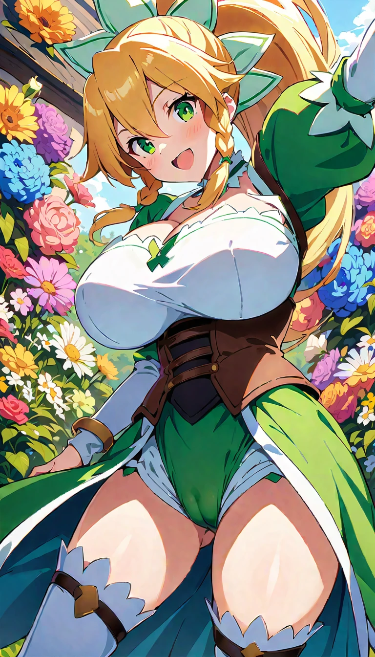 (Standing Split , (( leafa, )), fantasy armor, ultra huge breasts, slender, cameltoe, ), (flower garden background, ), (in Kyoto animation style, ), (masterpiece, best quality, ultra detailed), (official art, delicate, vivid, pixiv art, beautiful and aesthetic, ), 