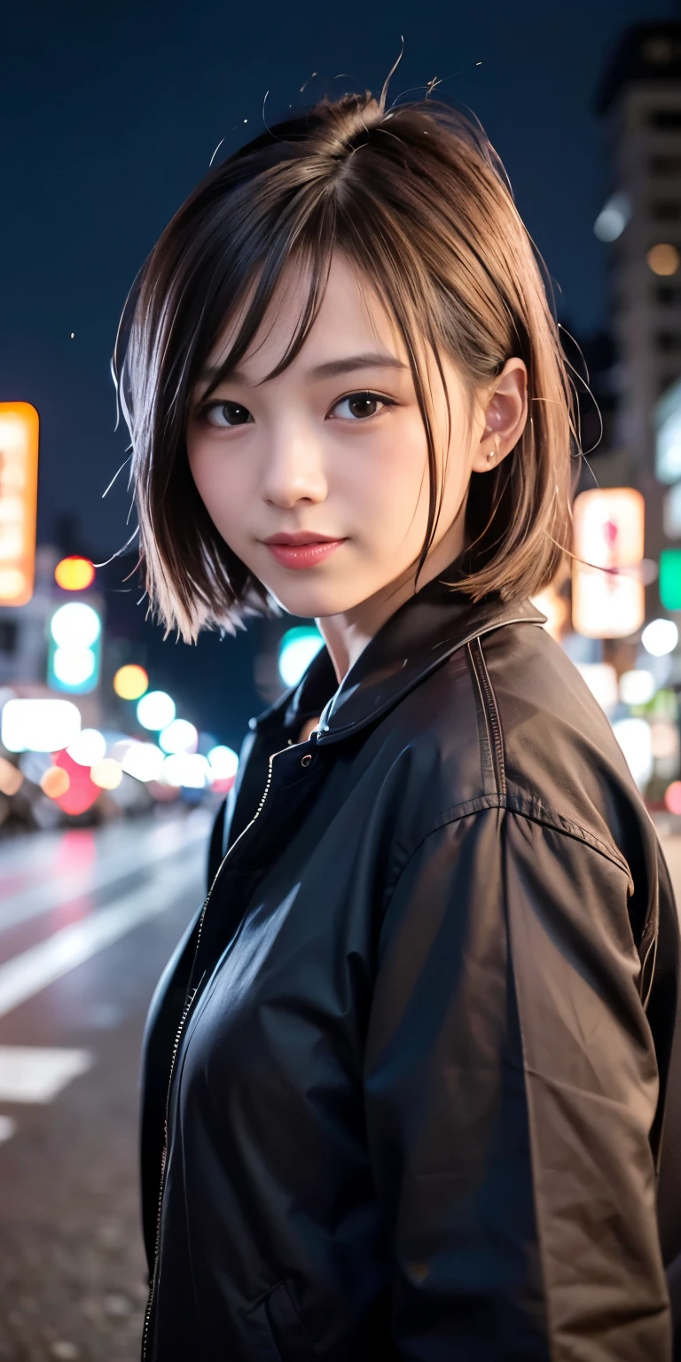 1 Girl, Tokyo Street,night, Streetscape,City lights,Upper Body,close,smile,, (8K, Raw photo, highest quality, masterpiece:1.2),(Realistic, photo-Realistic:1.37),