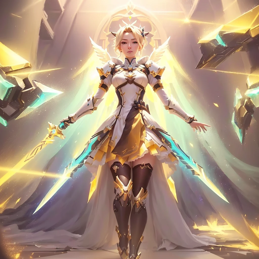 a close up of a woman in a dress with a sword, mercy ( overwatch ), knights of zodiac girl, rossdraws 2. 0, rossdraws 1. 0, rossdraws global illumination, mercy from overwatch game (2016), lux from league of legends, portrait knights of zodiac girl, 8k hd wallpaperjpeg artifact