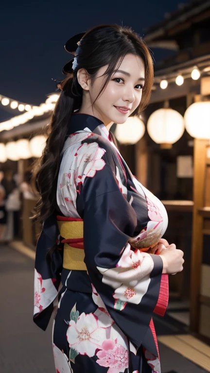 Mature attractive sexy woman,50 years old, ((kimono)),(((kimono))),Shut,((Big Breasts:1.2)),(Facial wrinkles:1.3),light makeup,Light brown hair,Long Hair,(Full body photography:0.85),(Emphasize big buttocks),8k, RAW Photos, highest quality, Laughter,masterpiece,highest quality、A gentle smile、A gaze that seduces viewers、Random hairstyle、Summer festival、Night food stalls、light up、landscape、looks fun、