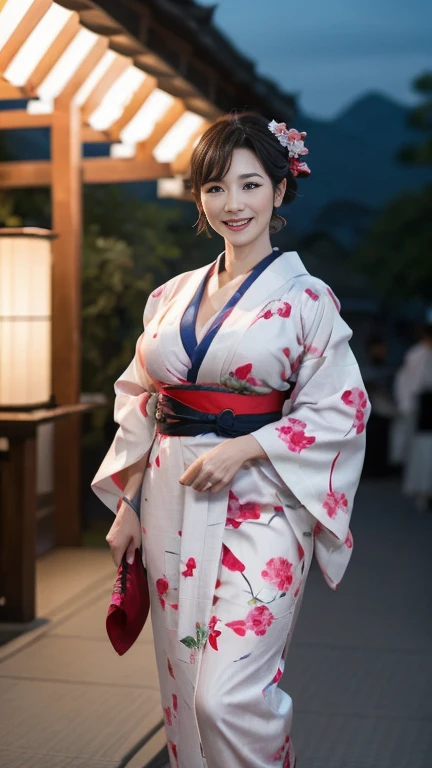 Mature attractive sexy woman,50 years old, ((kimono)),(((kimono))),Shut,((Big Breasts:1.2)),(Facial wrinkles:1.3),light makeup,Light brown hair,Long Hair,(Full body photography:0.85),(Emphasize big buttocks),8k, RAW Photos, highest quality, Laughter,masterpiece,highest quality、A gentle smile、A gaze that seduces viewers、Random hairstyle、Summer festival、Night food stalls、light up、landscape、looks fun、