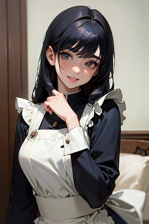 (Highest Resolution, clear_image) highest quality, Single person, One Woman, alone, masterpiece, Very detailed, Semi-realistic, Black Hairのショートヘア, Black Hair, bangs, 18-year-old, mature, light blue uniform, uniform, Indoor Background, kind, Authoritative, powerful, exquisite features, exquisite features、Eyelashes become longer、Showing teeth、smile😀、Maid clothes、Touching hair、