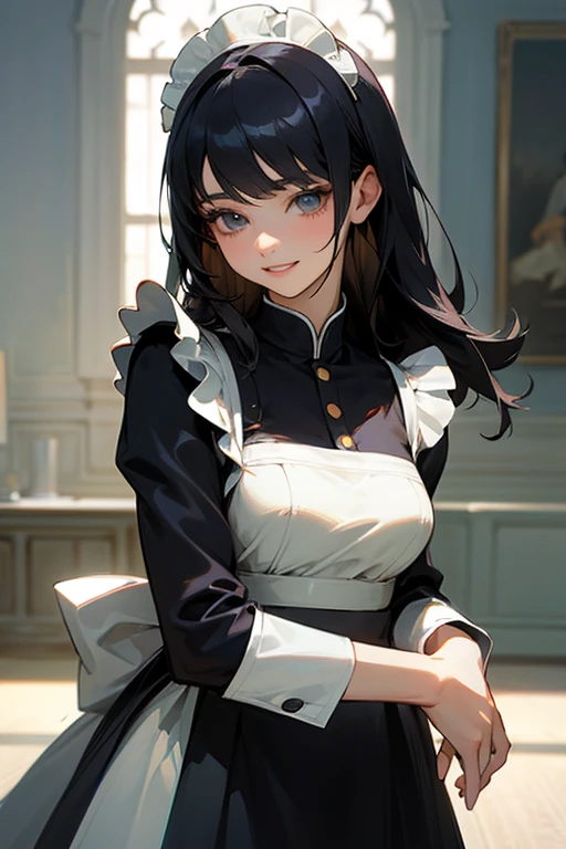 (Highest Resolution, clear_image) highest quality, Single person, One Woman, alone, masterpiece, Very detailed, Semi-realistic, Black Hairのショートヘア, Black Hair, bangs, 18-year-old, mature, light blue uniform, uniform, Indoor Background, kind, Authoritative, powerful, exquisite features, exquisite features、Eyelashes become longer、Showing teeth、smile😀、Maid clothes、Touching hair、