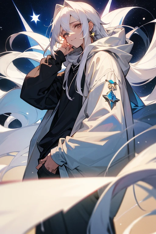 White Hair　Long Hair　beautiful　neutral　mysterious　Brilliance　beautiful　Wearing a baggy hoodie　Beautiful boy　Wearing a lot of accessories　Earrings　star　Eyes of the Sky　smile