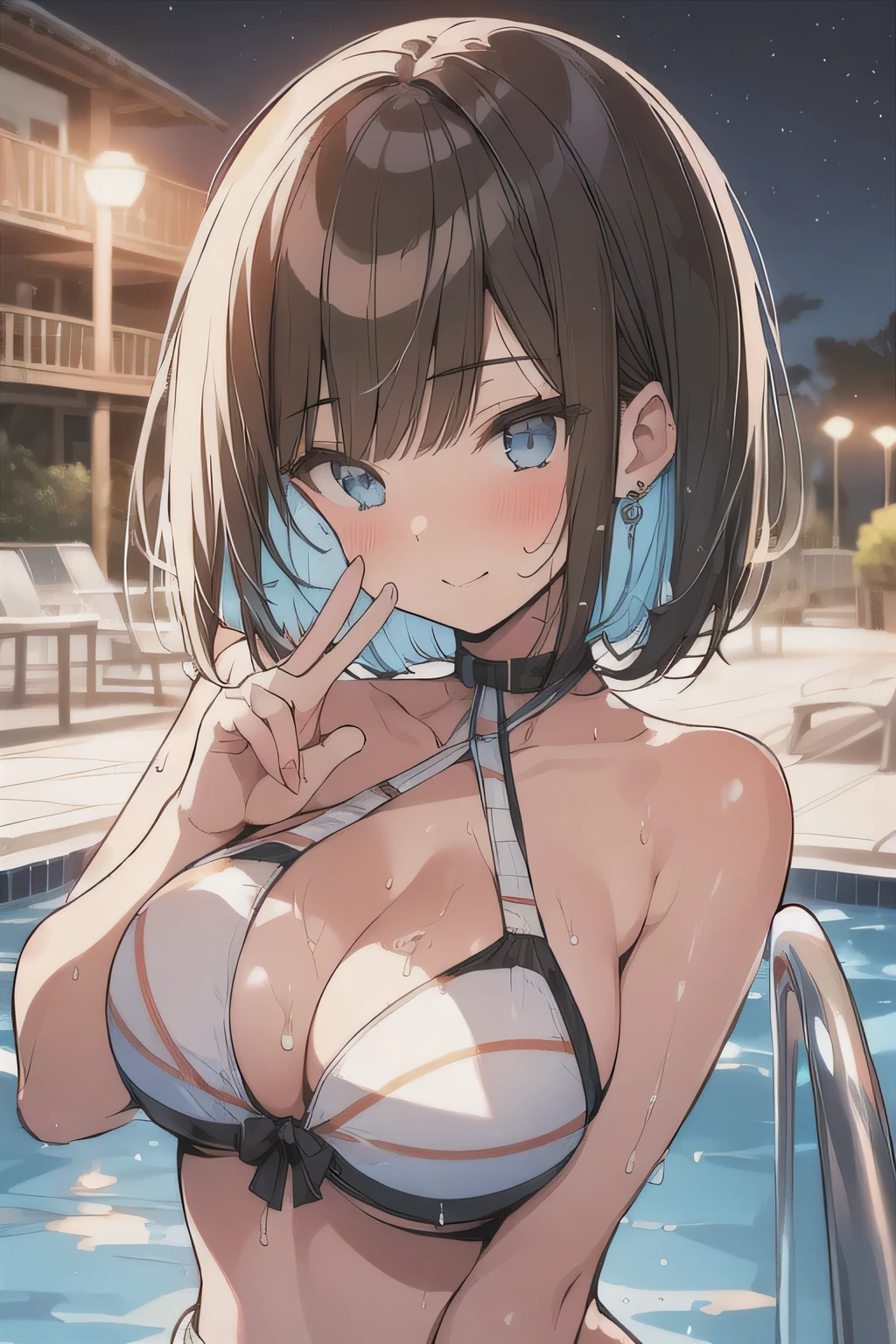 (best quality), (Super detailed), (Best Illustration), (masterpiece), (woman), look at viewer, upper body, (peace fingers:1.3), {(show off striped bikini:1.2)}, (large breasts), {(detailed eyes), blue eyes}, {brown hair, (sideburns), (bob cut:1.3), curly hair, hairs between eyes, colored inner hair}, seductive smile, blush, earring, (wet), (sweat), (pool side:1.3), (night)