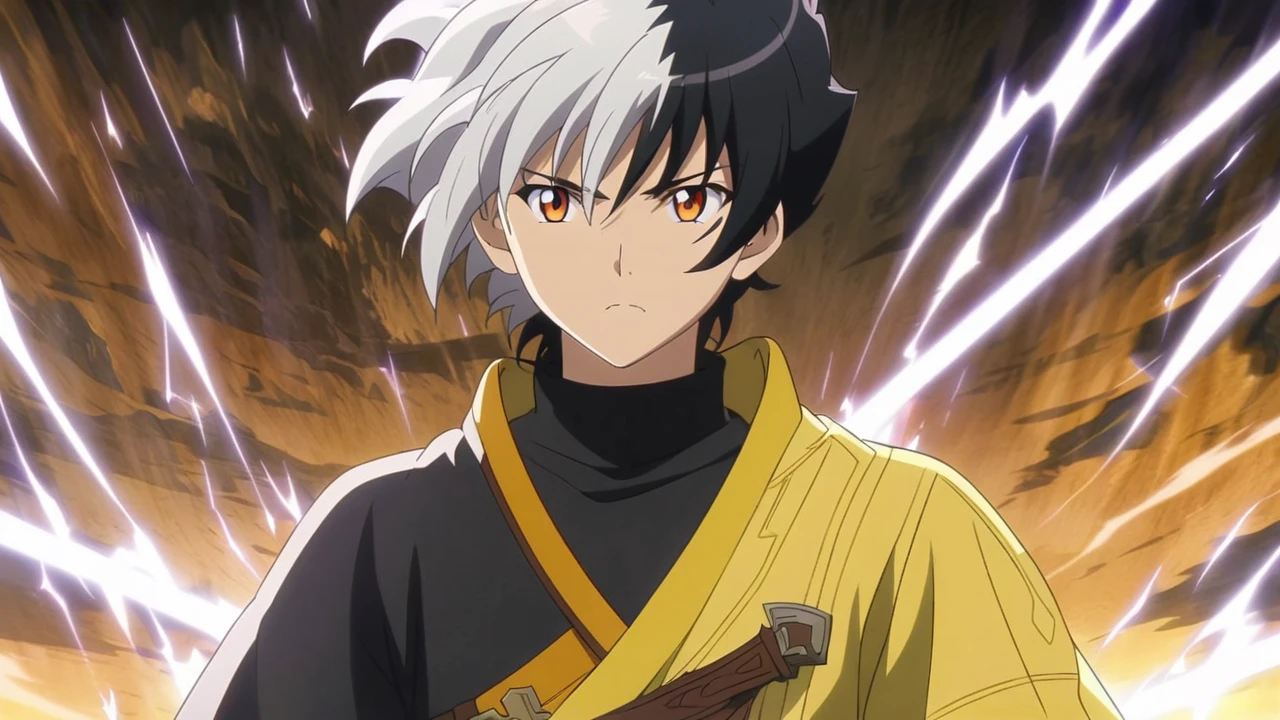 Male,Black hair,White Multicolored Hair,Orange eyes,Yellow Oufit,Black shirt,Lighning sword,fantasy,anime style,Anime logo