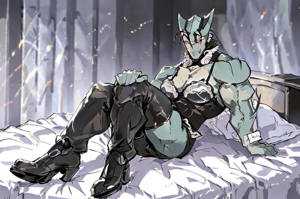 one person、Strong adult man、Green Skin、Exact finger count、Exact number of legs、Exact number of arms、Revealing white lace underwear、garter belt、Knee-high socks、High heel pumps、White bra with ribbon、Frontal full body illustration、Sitting on the bed、bed with curtains