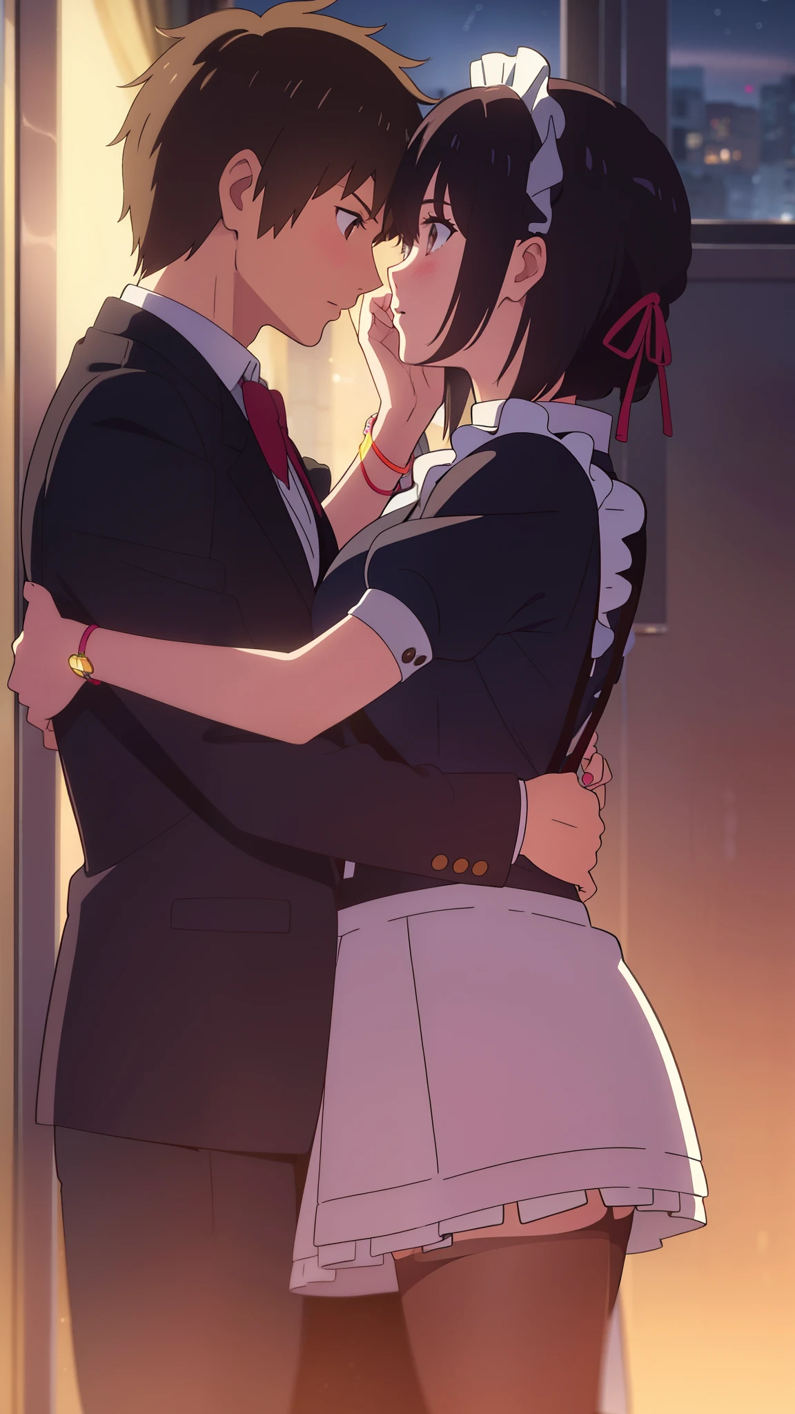 shinkai makoto, kimi no na wa., 1girl, 1boy, bangs, black hair, blush, brown eyes, (boy wear Suspender Clothes), ((girl wear maid dress, short dress, short skirt, maid headdress), bow, ribbon, short hair, cute, love, couple, adorable, Off-the-shoulders, dating, (((face to face))), bracelet, passionate hug, upper body portrait, night background, night sky, dynamic light