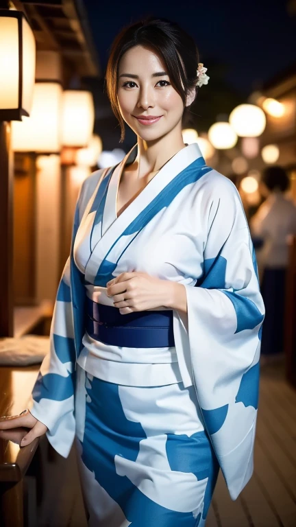 (highest quality,8k,masterpiece),
日本人Mature Woman,40 years,Mature Woman,Pure white skin, Tabletop、
((kimono))、((kimono)) ((blue))、Random Hairstyles、((The collar is closed))、
,A kind smile、A captivating gaze、Summer festival、Night food stalls、Walking、looks fun、