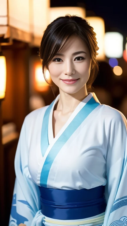 (highest quality,8k,masterpiece),
日本人Mature Woman,40 years,Mature Woman,Pure white skin, Tabletop、
((kimono))、((kimono)) ((blue))、Random Hairstyles、((The collar is closed))、
,A kind smile、A captivating gaze、Summer festival、Night food stalls、Walking、looks fun、