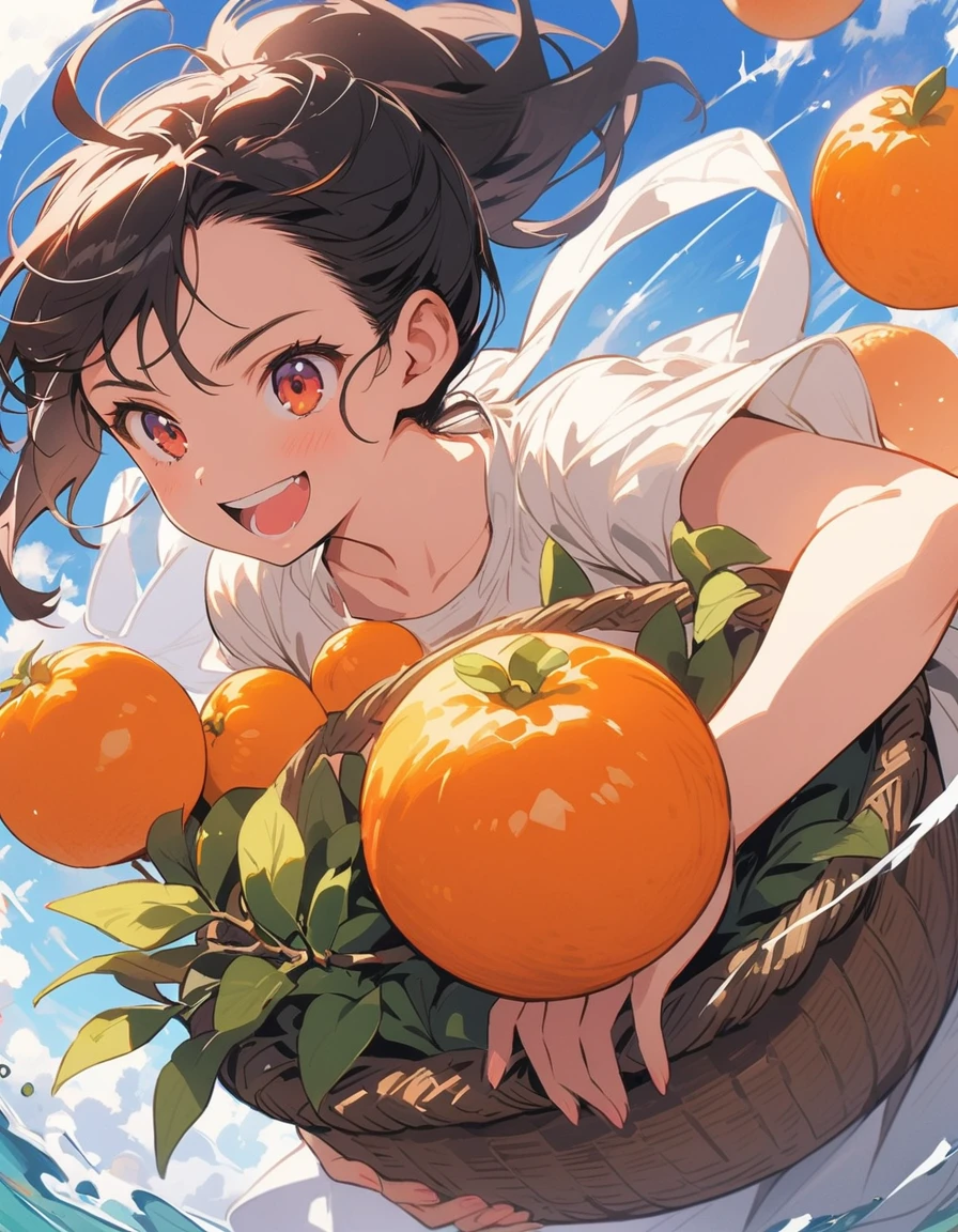 (Bonsai with fruiting tangerines:1.4), large bonsai, tangerines falling under a large bonsai, (girl pleased with falling tangerines in a wide basket basket), (top quality, masterpiece, high resolution, detail), animation style, flat style, (shining eyes, detail beautiful face), BREAK,. Fantasy, EXTREMELY DETAILED, High Saturation, Dynamic Angle, Animation
