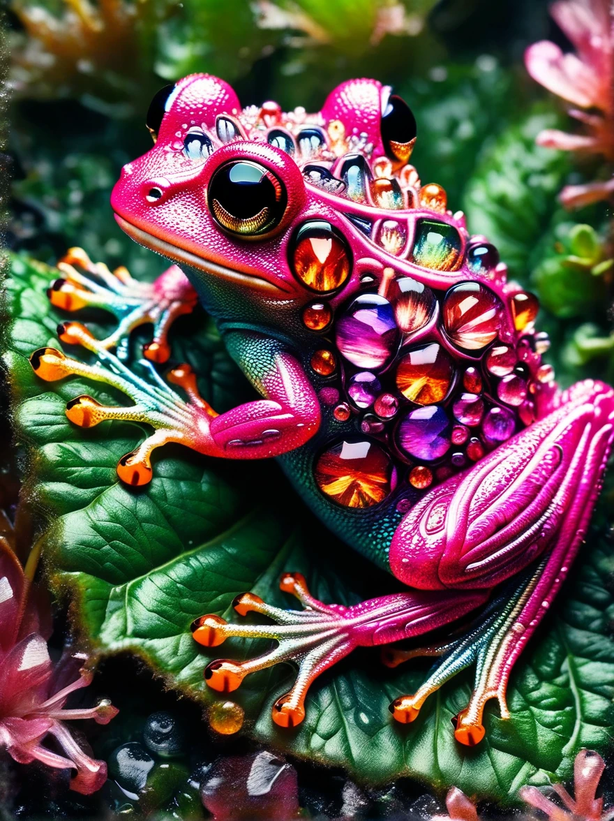 A vivid and bright image of a pink colored frog. The frog is small and bulbous with shiny, moist skin reflecting the light. Its eyes are large and round, with a magical glow. On its back, there are varied patterns of darker pink. The frog sits on a lush green leaf in the heart of a tropical rainforest, surrounded by diverse vegetation and underbrush. Its vibrant color starkly contrasts with the deep greens of the nature surrounding it. This tiny creature seems perfectly adapted to its environment, yet still stands out due to its unusual coloration.