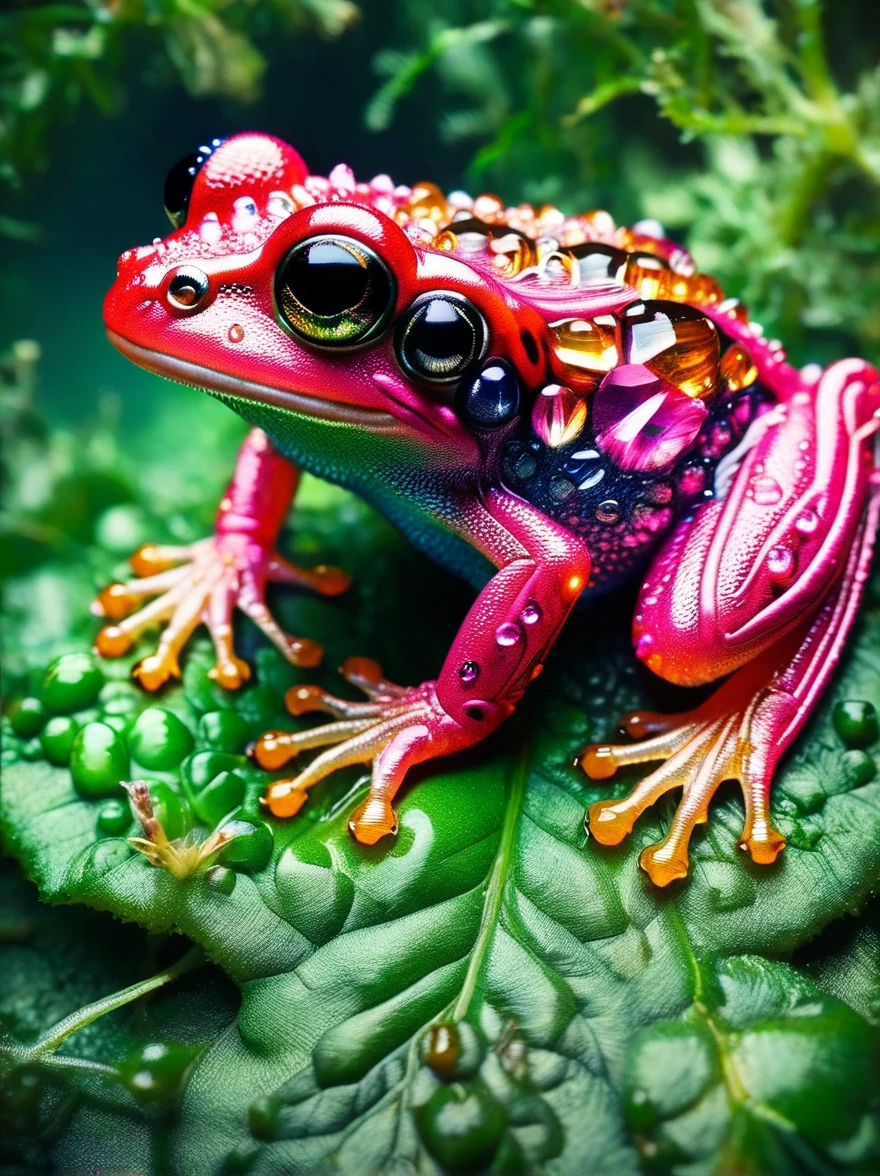 A vivid and bright image of a pink colored frog. The frog is small and bulbous with shiny, moist skin reflecting the light. Its eyes are large and round, with a magical glow. On its back, there are varied patterns of darker pink. The frog sits on a lush green leaf in the heart of a tropical rainforest, surrounded by diverse vegetation and underbrush. Its vibrant color starkly contrasts with the deep greens of the nature surrounding it. This tiny creature seems perfectly adapted to its environment, yet still stands out due to its unusual coloration.