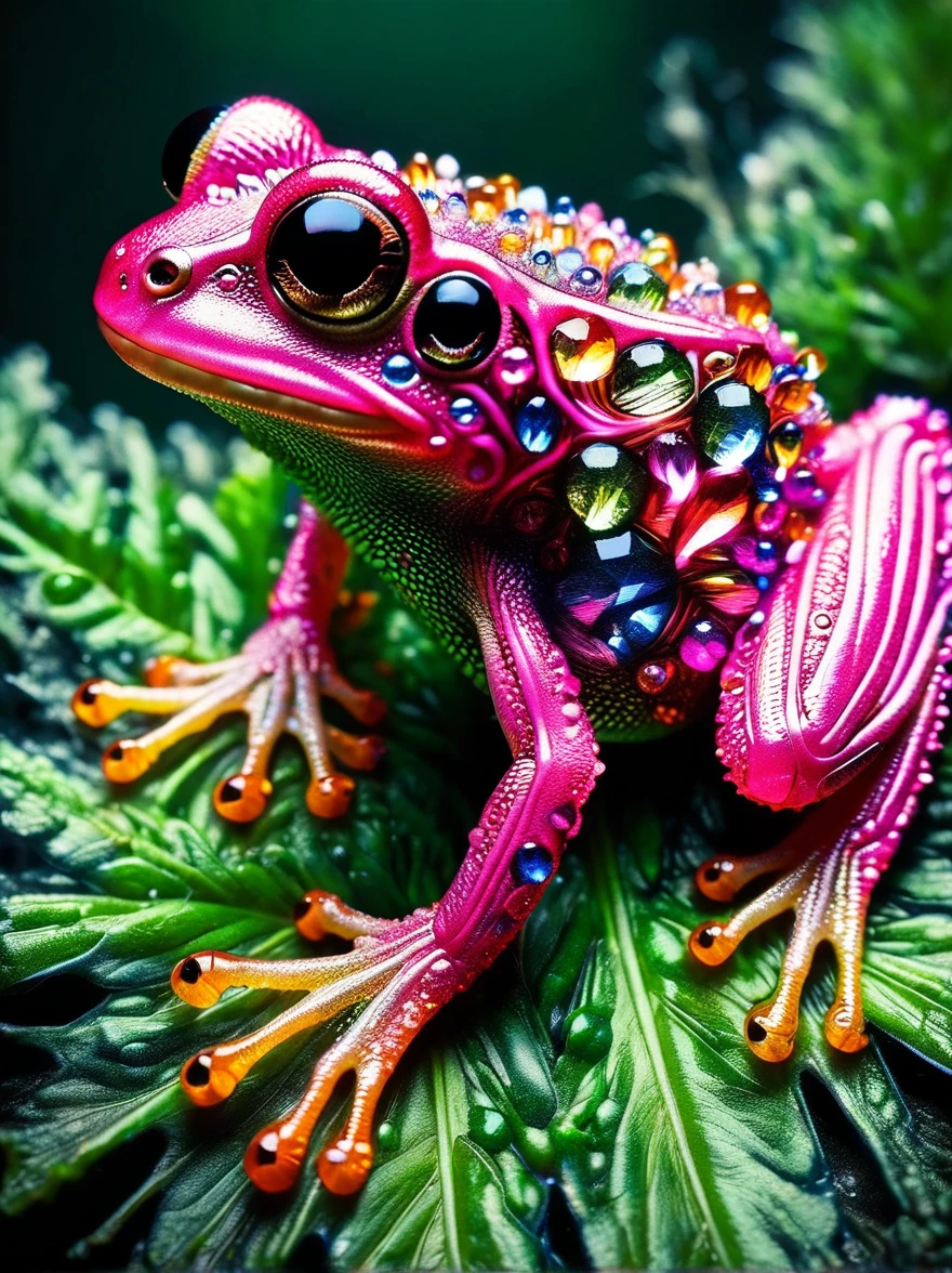 A vivid and bright image of a pink colored frog. The frog is small and bulbous with shiny, moist skin reflecting the light. Its eyes are large and round, with a magical glow. On its back, there are varied patterns of darker pink. The frog sits on a lush green leaf in the heart of a tropical rainforest, surrounded by diverse vegetation and underbrush. Its vibrant color starkly contrasts with the deep greens of the nature surrounding it. This tiny creature seems perfectly adapted to its environment, yet still stands out due to its unusual coloration.