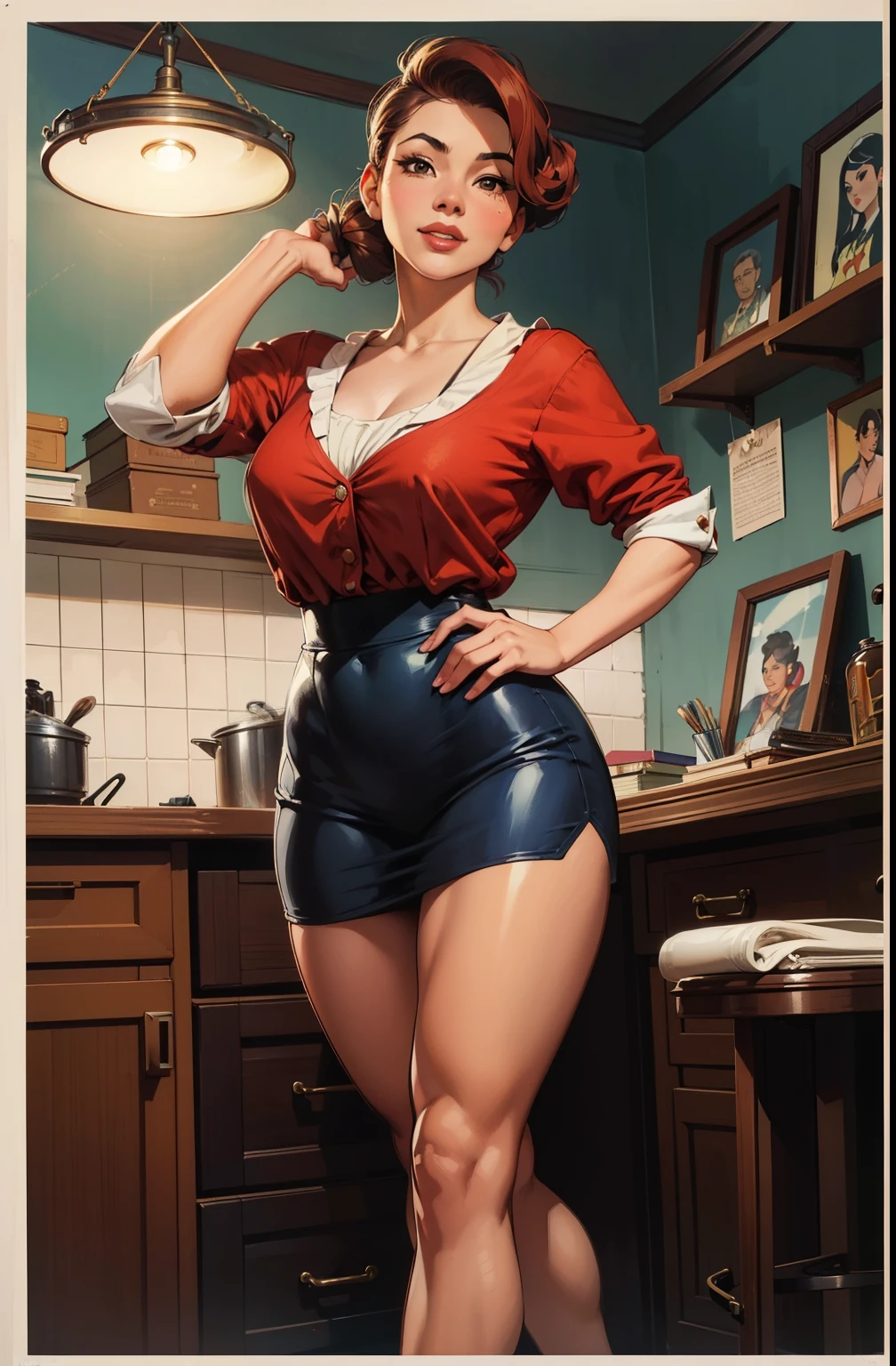an Asian, DESENHO ANIMADO, cooking, vintage academia, grande sorriso, vintage, vintage academia clothes, academia, Cuba, Mexico, stand, feliz, sexy, maquiagem, cobrindo os seios, Lips are soft or colored, ruiva, cabelo ruivo, vintage GGA, fundo simples, sexy, moda fitness vintage, vintage academia fashion, Poster, Poster, Poster hairstyle, penteado vintage, stand, postura ereta, provocante, feliz facial expression, simple lighting and texture, confirmar plano de fundo, feet, capacitado, banda desenhada, tirinhas, e revistas de celulose, Bruce Timm