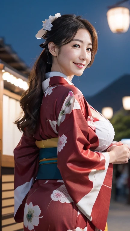 Mature attractive sexy woman,50 years old, ((kimono)),(((kimono))),Shut,((Big Breasts:1.2)),(Facial wrinkles:1.3),light makeup,Light brown hair,Long Hair,(Full body photography:0.85),(Emphasize big buttocks),8k, RAW Photos, highest quality, Laughter,masterpiece,highest quality、A gentle smile、A gaze that seduces viewers、Random hairstyle、Summer festival、Night food stalls、light up、landscape、looks fun、