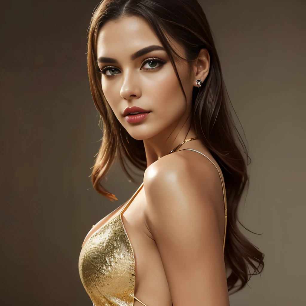 (best quality)), (masterpiece), (detailed), (full body photo)) Beautiful stunning, long brown hair, stunning green eyes, gorgeous, stunning adult 35yo woman, Maria Fumagelli, gold criss cross thigh split dress, standing pose, cleavage, slender legs, jimmy choo heels, soft Italian features (masterpiece), extremely detailed photo of a stunning woman , 8K (dramatic lighting), (sharp focus), (intricate), fashion, realistic skin texture, (( perfect anatomy)), (detailed face:1.2), (detailed facial features detailed skin), masterpiece), (perfect proportion), (realistic photo), (best quality: 1.6), (detailed) clear complexion and striking allearance. Arched eyebrows, expressive eyes. Eyeliner accentuating her bright eyes, vibrant lipstick,