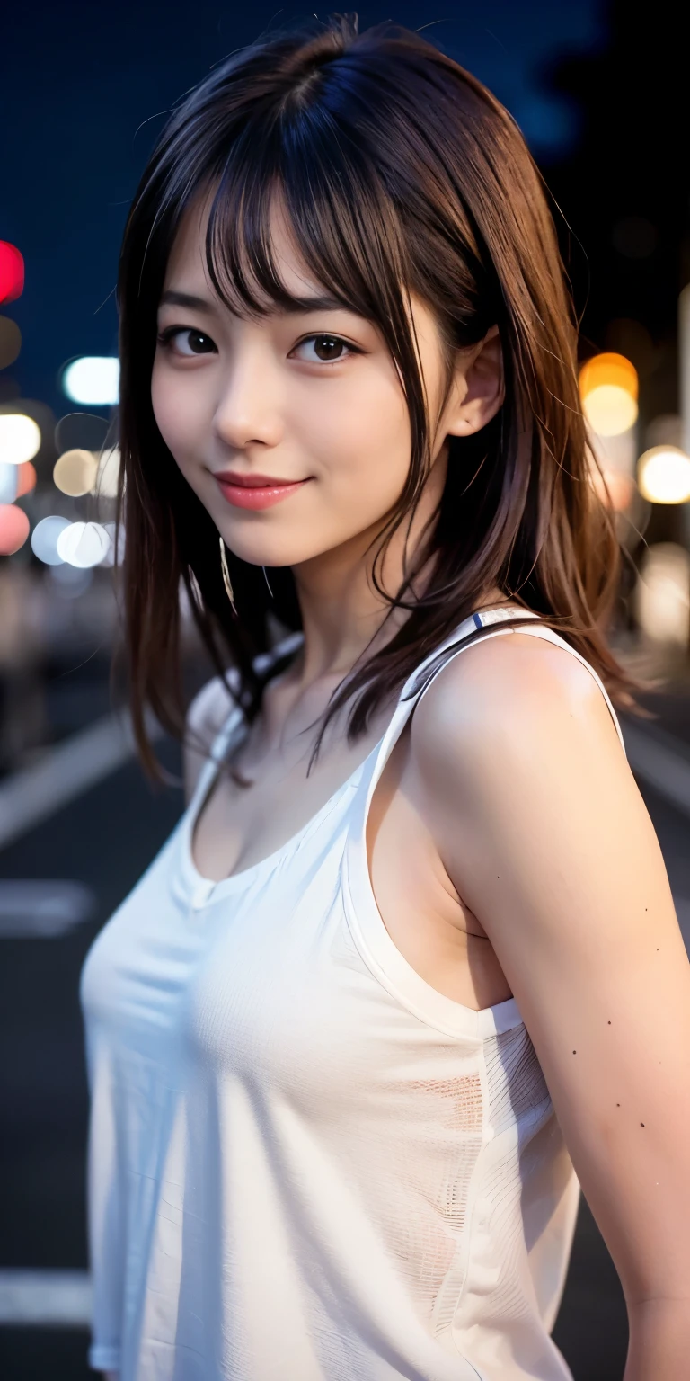 1 Girl, Tokyo Street,night, Streetscape,City lights,Upper Body,close,smile,, (8K, Raw photo, highest quality, masterpiece:1.2),(Realistic, photo-Realistic:1.37),