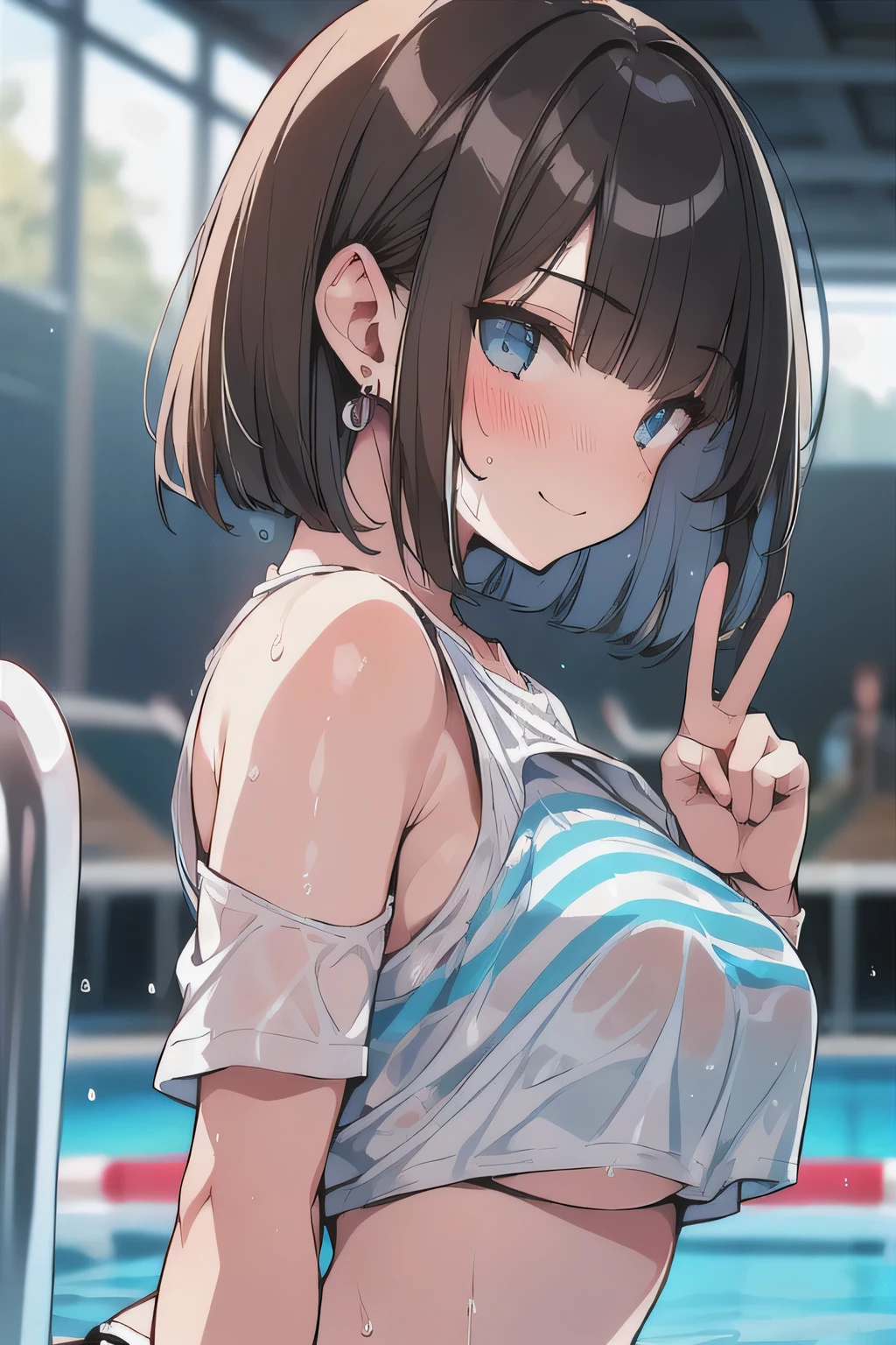 (best quality), (Super detailed), (Best Illustration), (masterpiece), (woman), look at viewer, upper body, from side, (peace fingers:1.3), {(white T-shirts), (shirt lift:1.2), (show off striped bikini:1.2)}, (large breasts), {(detailed eyes), blue eyes}, {brown hair, (sideburns), (bob cut:1.3), curly hair, hairs between eyes, colored inner hair}, seductive smile, blush, earring, (wet), (sweat), (pool side:1.3), (night),