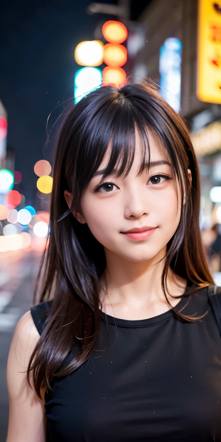 1 Girl, Tokyo Street,night, Streetscape,City lights,Upper Body,close,smile,, (8K, Raw photo, highest quality, masterpiece:1.2),(Realistic, photo-Realistic:1.37),