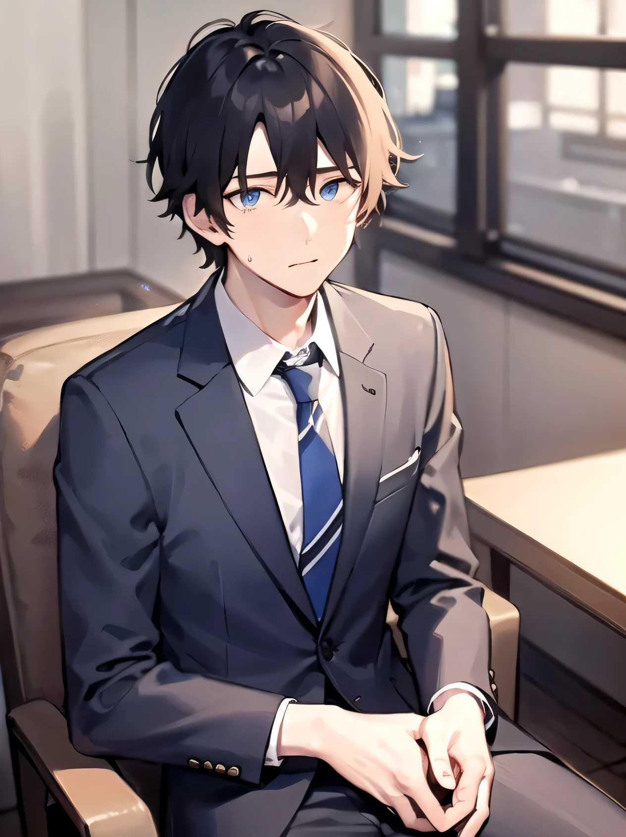 masterpiece、highest quality、(A 29-year-old man:1.5) and (Black short hair) and (blue eyes), (Wearing a suit:1.5) and (White collared shirt) and (Blue tie)、（Sweating on the face：1.5）and（Serious face）、Sitting in a chair
