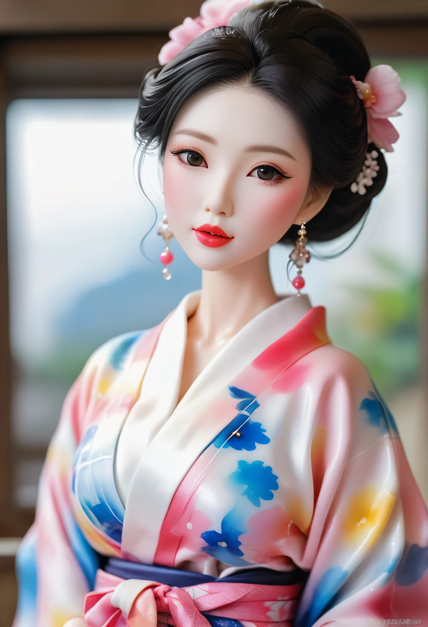 (masterpiece, best quality: 1.2),Barbie doll,，colloid， Sexy eyes，The expression of a kiss，Wet pink and white sexy lips， colloid皮肤，Slim body，earrings（（Watercolor pattern kimono）），full-body shot