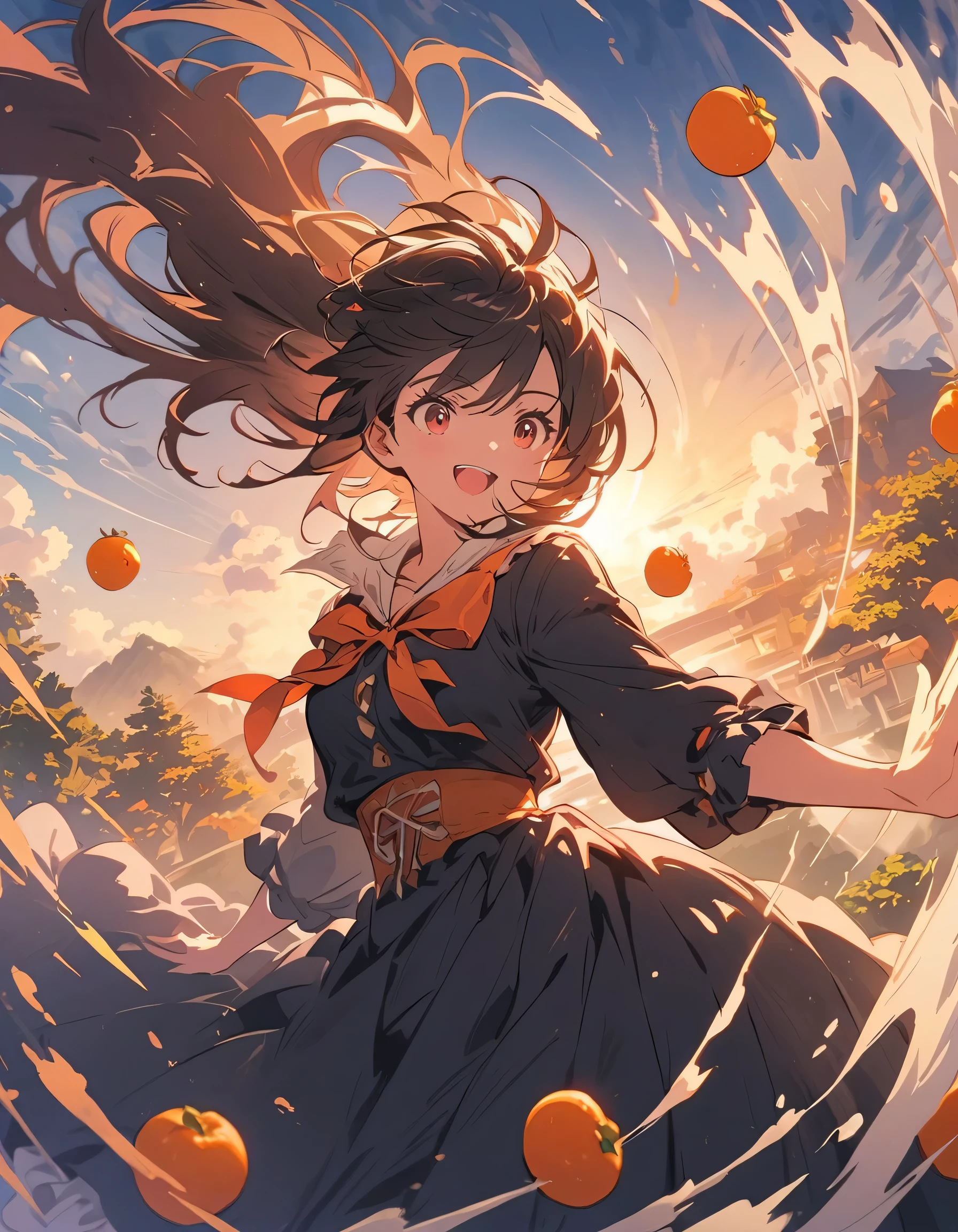 (Bonsai with fruiting tangerines:1.4), large bonsai, tangerines falling under a large bonsai, (girl pleased with falling tangerines in a wide basket basket), (top quality, masterpiece, high resolution, detail), animation style, flat style, (shining eyes, detail beautiful face), BREAK,. Fantasy, EXTREMELY DETAILED, High Saturation, Dynamic Angle, Animation