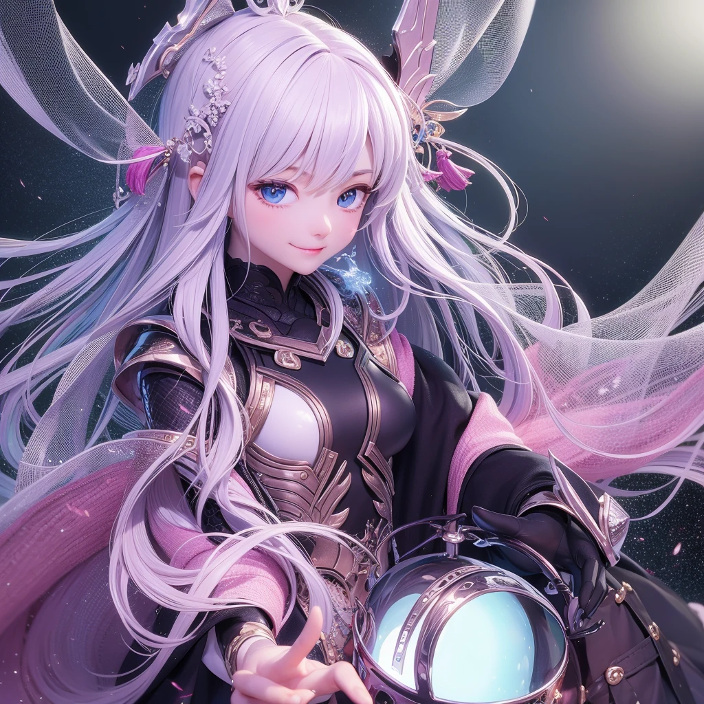 Close up of a smile with the corners of the mouth raised、Smiling Armor Doll、Armor helmet、armor girl、Armor Costume、Cosplay、(realisitic、hight resolution)、(1 girl in)、armor girl、Do-Up Eye、Korean Girl、(Best Quality), (masutepiece), (1girl in), Solo, a beauty girl, Perfect face, dreamlikeart、Highly detailed airbrush art((Surreal))、Volumetric lighting、(top-quality)、The ultra-detailliert、(The composition of the movement:1.4)、Highly detailed colorful details、(Bright lighting)、dynamic compositions、Ray traching、The mirror reflects light、Shallow depth of field、ultra-detailliert、mixing exposure、nffsw、Her eyes are glowing pink、Her face is full of anticipation and courage、A smile appears on the lips of a girl。 At the rear、The sun is slowly tilting to the west。Her eyes are clearly glowing pink。