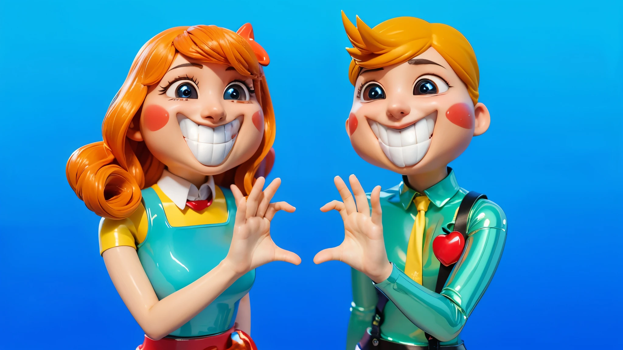 The image depicts a 3D rendered illustration of a boy and a girl with their hands shaped in the shape of a heart. They are both smiling and have red hair. The background is blue. cartoon characters stand next to each other, Electricsbunny, Holographic creatures, Beeple and Jeremiah Ketner, 🐋 as 🐘 as 🤖 as 👽 as 🐳, matte, Rabbids, cute 3D rendering, 3D icon for mobile game, robot rabbit, Shiny metallic, 3D персонажи violet cat toy, toy cat laying on glossy , glossy texture, smooth 3d model, multiple light sources, rim light, sharp post effects render, (glossy big light probe refractions), perfect cgi, cgi art created only with gradients, smooth silhouette, high intensity refraction, ( ), most beautiful vfx, blue background