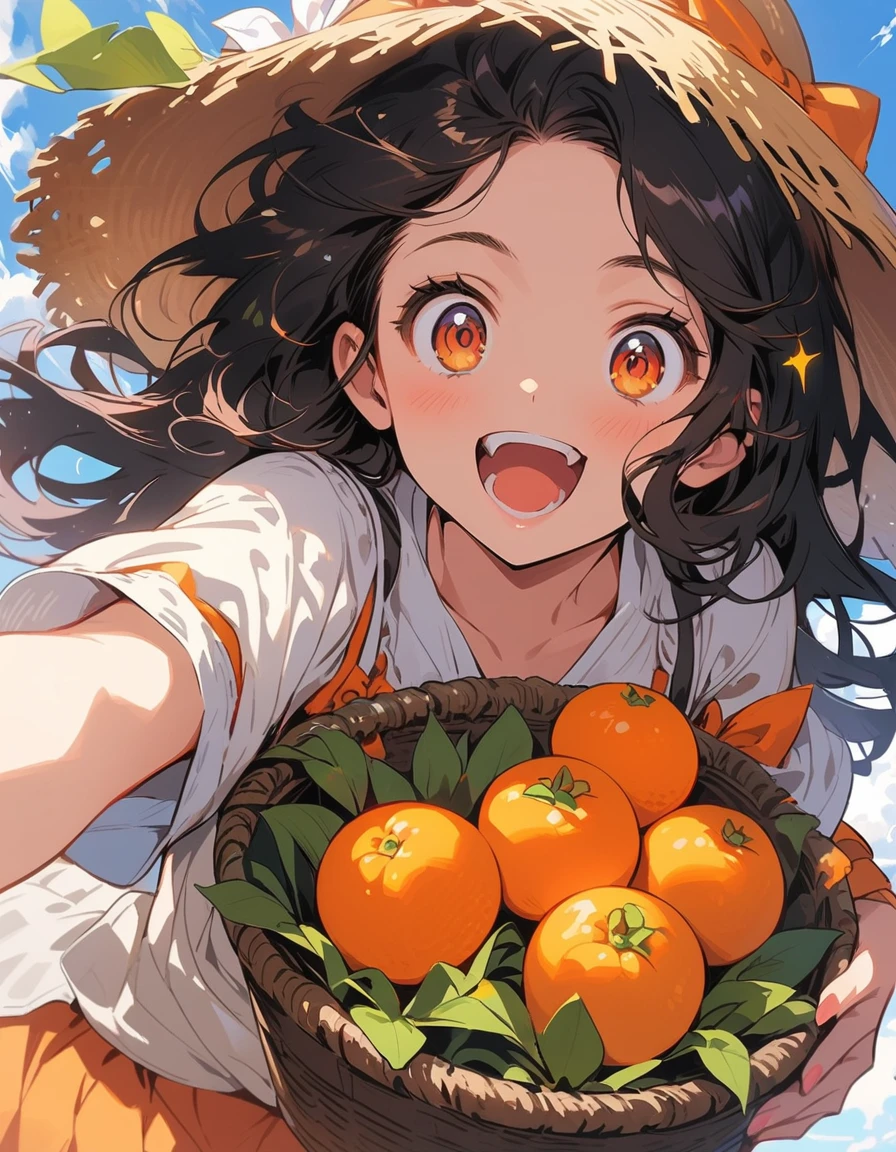 (Bonsai with fruiting tangerines:1.4), (large bonsai), tangerines falling under a large bonsai, (girl pleased with falling tangerines in a wide basket basket), (top quality, masterpiece, high resolution, detail), animation style, flat style, (shining eyes, detail beautiful face), BREAK,. Fantasy, EXTREMELY DETAILED, High Saturation, Dynamic Angle, Animation
