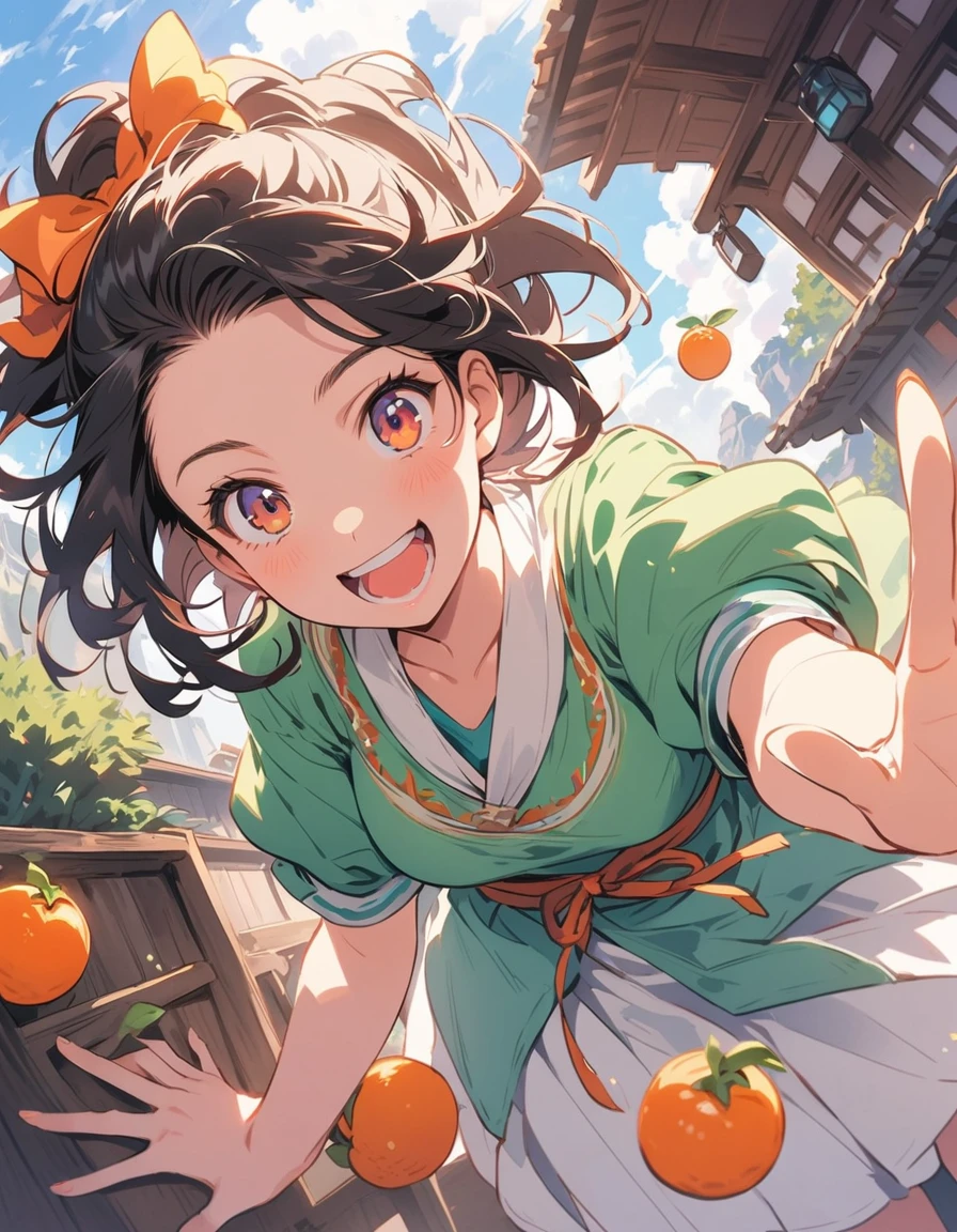 (Bonsai with fruiting tangerines:1.4), (large bonsai), tangerines falling under a large bonsai, (girl pleased with falling tangerines in a wide basket basket), (top quality, masterpiece, high resolution, detail), animation style, flat style, (shining eyes, detail beautiful face), BREAK,. Fantasy, EXTREMELY DETAILED, High Saturation, Dynamic Angle, Animation