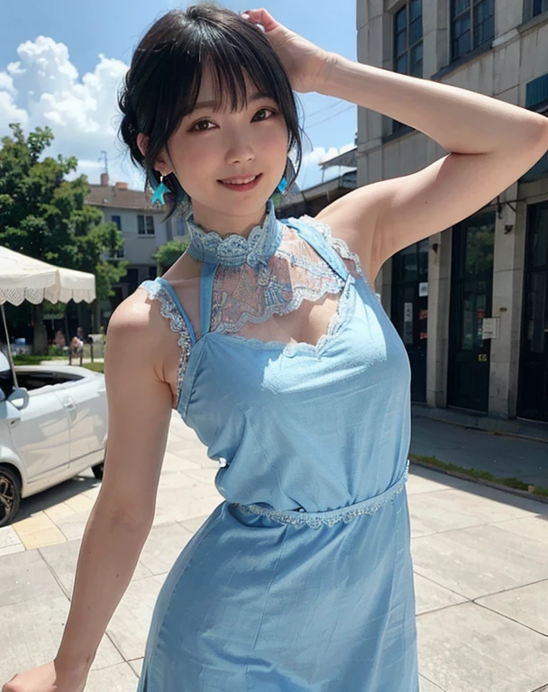 a woman posing on the street corner with light Blue clothes on, highest quality, 1peopleの女の子, Large Breasts, Day, bright, Blur the background, Bokeh, Outdoor, (street:0.8), (people々, crowd:1), (lace trim dress:1.5, Sleeveless dress, Light blue clothes, Light blue high neck dress:1.2, Blue clothes: 1.5), nice, (short hair, amount:1.2), Beautifully detailed skies, Earrings, (Dynamic pose:1.2), (Upper Body:0.8), Soft lighting, Wind, Shiny skin, smile, 