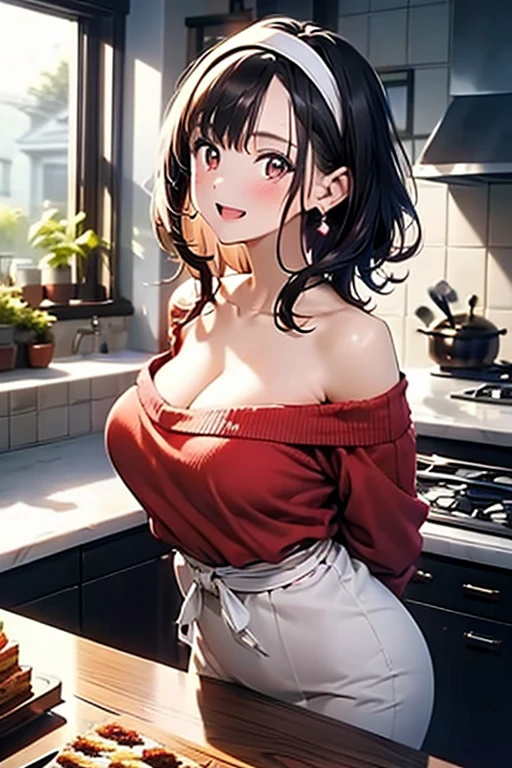 masterpiece, yor, 1girl, Amazing Cleavage:1.3, thin waist, big ass, Raised sexy, medium breast: 1.3 posed cleavage:1.2、solo, looking at viewer, open mouth, have a cup of coffee,black hair, red eyes, dress, bare shoulders, jewelry, collarbone, sidelocks, hairband, earrings, indoors, off shoulder, :o, sweater, arms behind back, plant, short hair with long locks, white hairband, off-shoulder dress, sweater dress, off-shoulder sweater, red sweater, big side hair, very long side hair,is rendered in (masterpiece: 1.2, best quality), with (ultra high resolution) and an exquisite (depth of field). This masterpiece is not only visually stunning but also tells, make of cake cooking ,in the kitchen