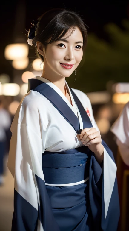 (highest quality,8k,masterpiece),
日本人Mature Woman,40 years,Mature Woman,Pure white skin, Tabletop、
((kimono))、((kimono))　((Dark blue))、Random Hairstyles、((The collar is closed))、
,A kind smile、A captivating gaze、Summer festival、Night food stalls、Walking、looks fun、