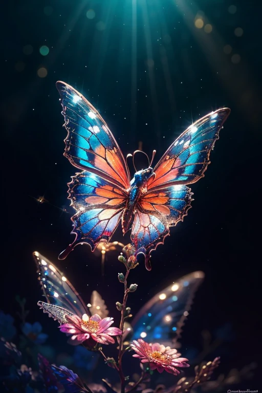 fermer,Fée des fleurs,crystal fairy, ailes de papillon brillantes,fleur de cristal,
Fantaisie, galaxie, Transparent,
chatoyant, sparkling, splendide, colored,
Photographie magique, Dramatic lighting, photographic realism, Ultra-detailed, 4k, High resolution